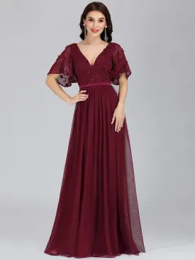 V-Neck Floral Embroidery Tulle Bridesmaid Dress with Ruffle Sleeve