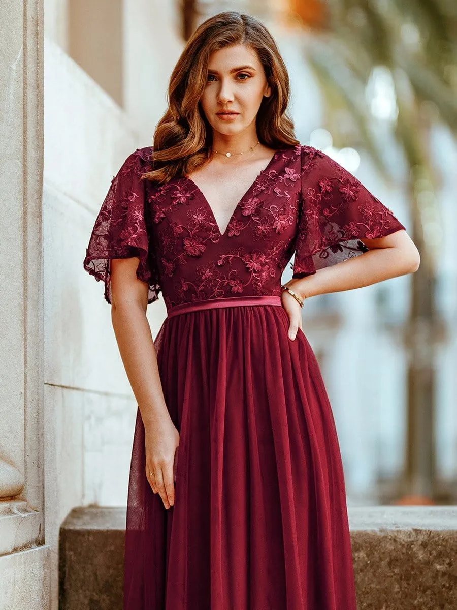 V-Neck Floral Embroidery Tulle Bridesmaid Dress with Ruffle Sleeve