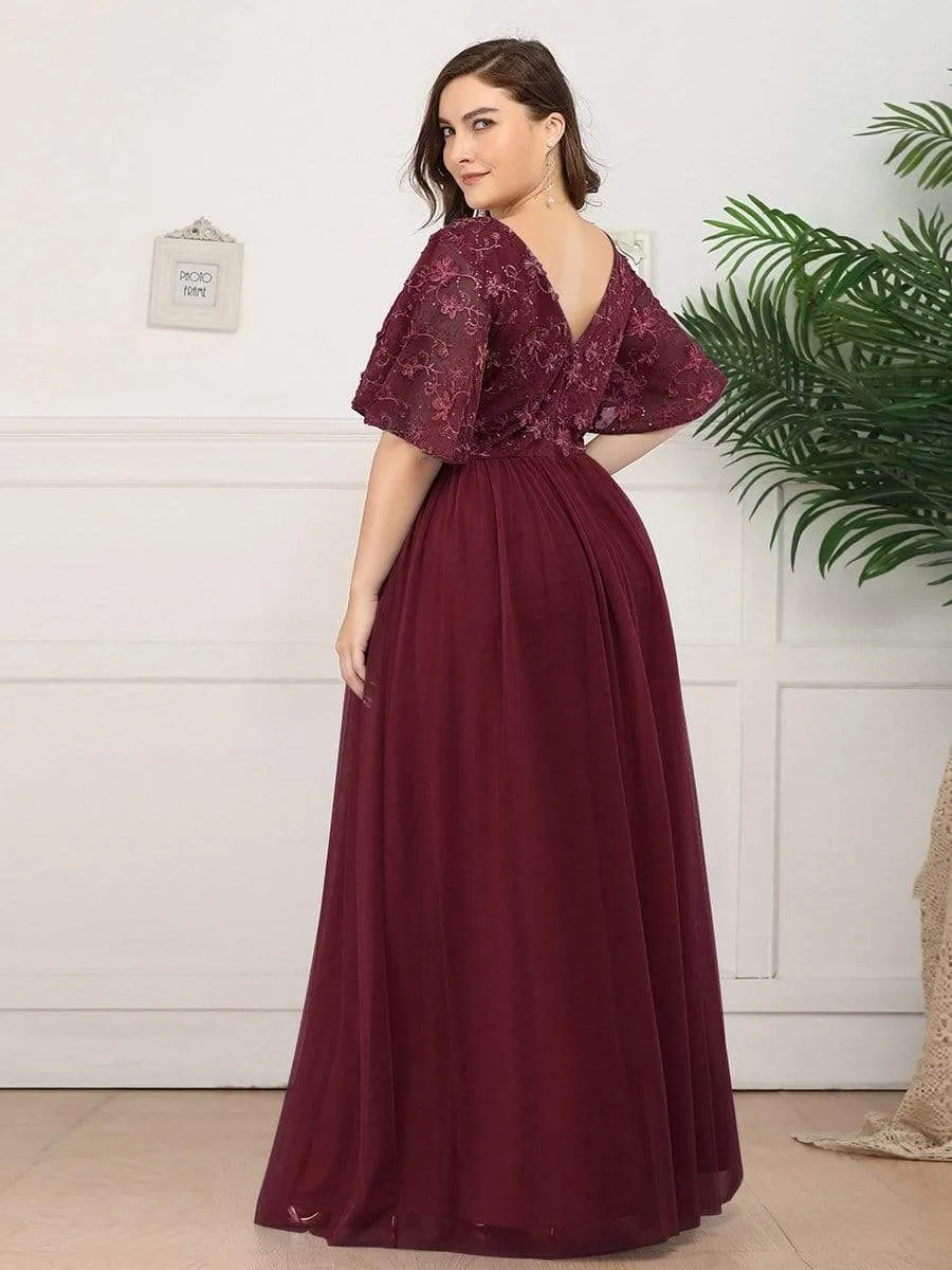 V-Neck Floral Embroidery Tulle Bridesmaid Dress with Ruffle Sleeve