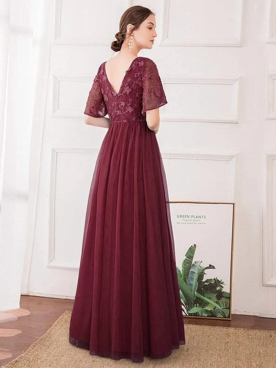 V-Neck Floral Embroidery Tulle Bridesmaid Dress with Ruffle Sleeve