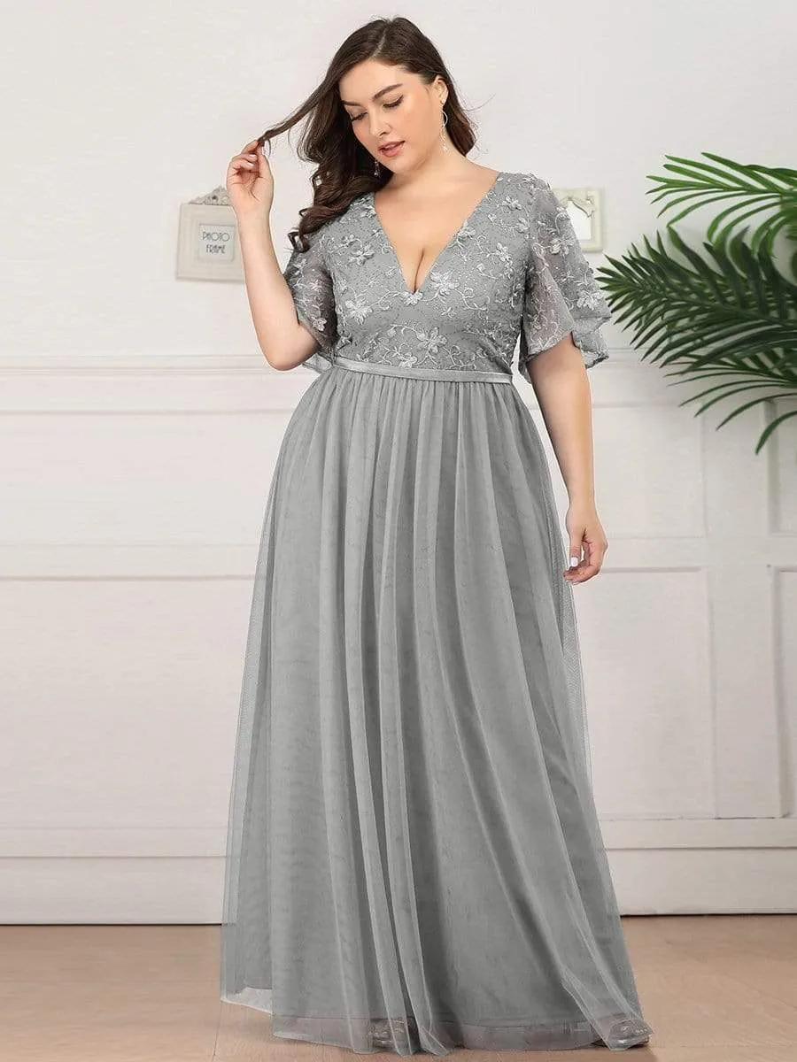 V-Neck Floral Embroidery Tulle Bridesmaid Dress with Ruffle Sleeve