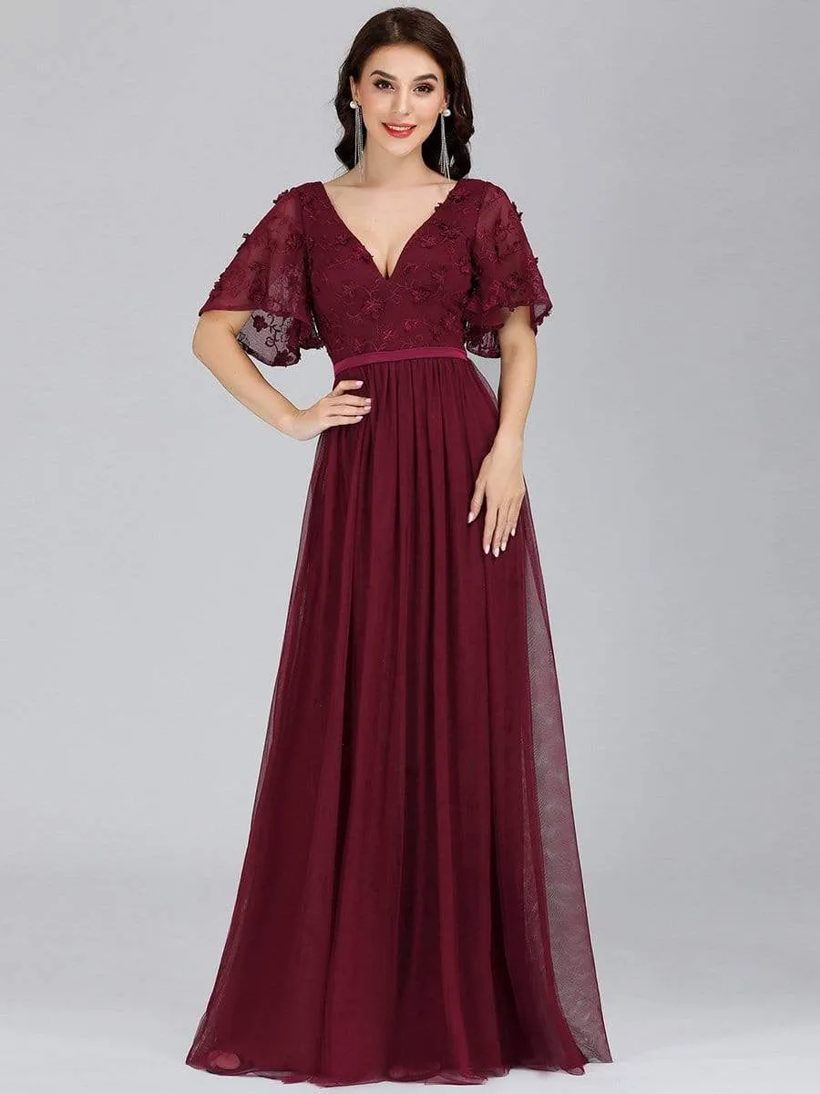 V-Neck Floral Embroidery Tulle Bridesmaid Dress with Ruffle Sleeve