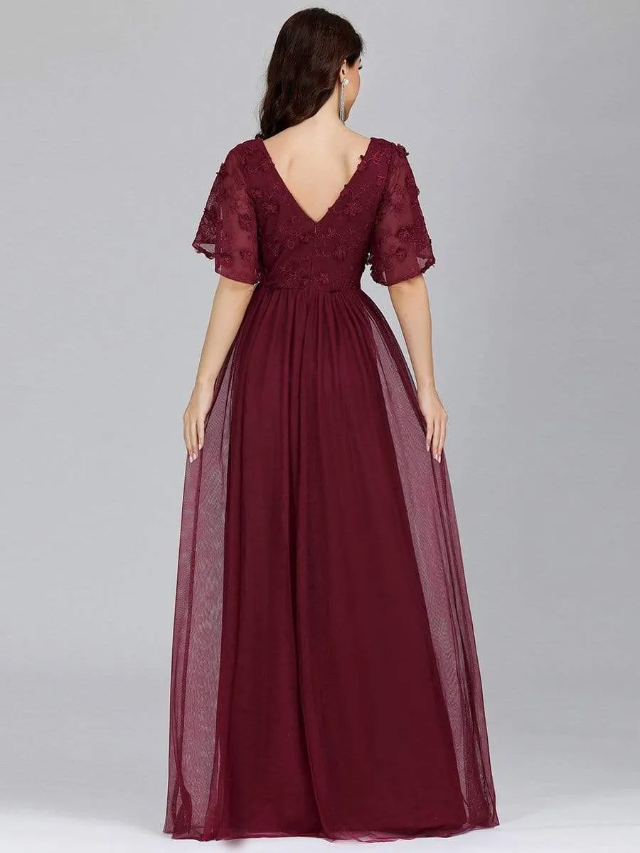 V-Neck Floral Embroidery Tulle Bridesmaid Dress with Ruffle Sleeve
