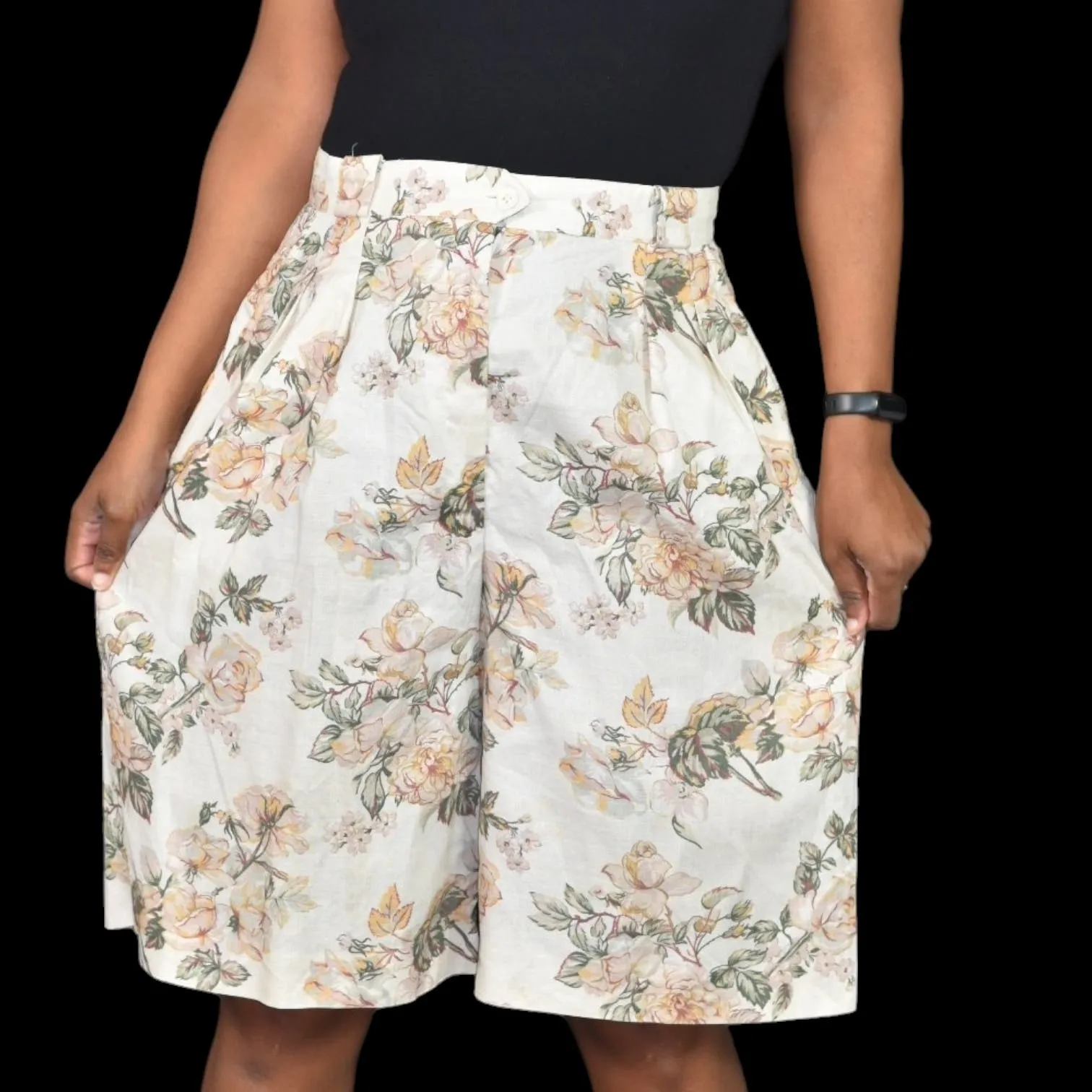 Vintage Abercrombie Fitch Floral Shorts Beige High Rise Culotte Linen Long Walking Longline Size 6