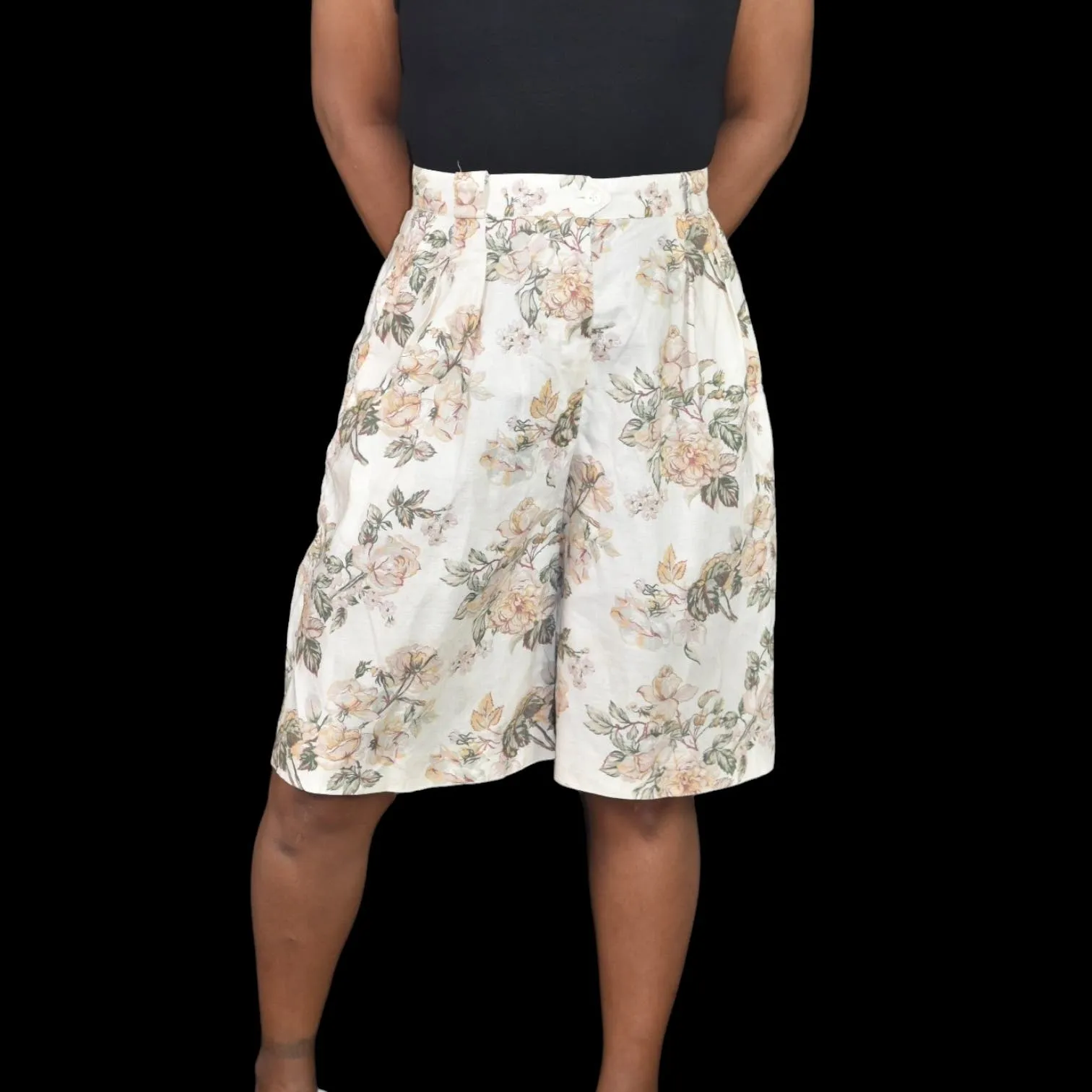 Vintage Abercrombie Fitch Floral Shorts Beige High Rise Culotte Linen Long Walking Longline Size 6