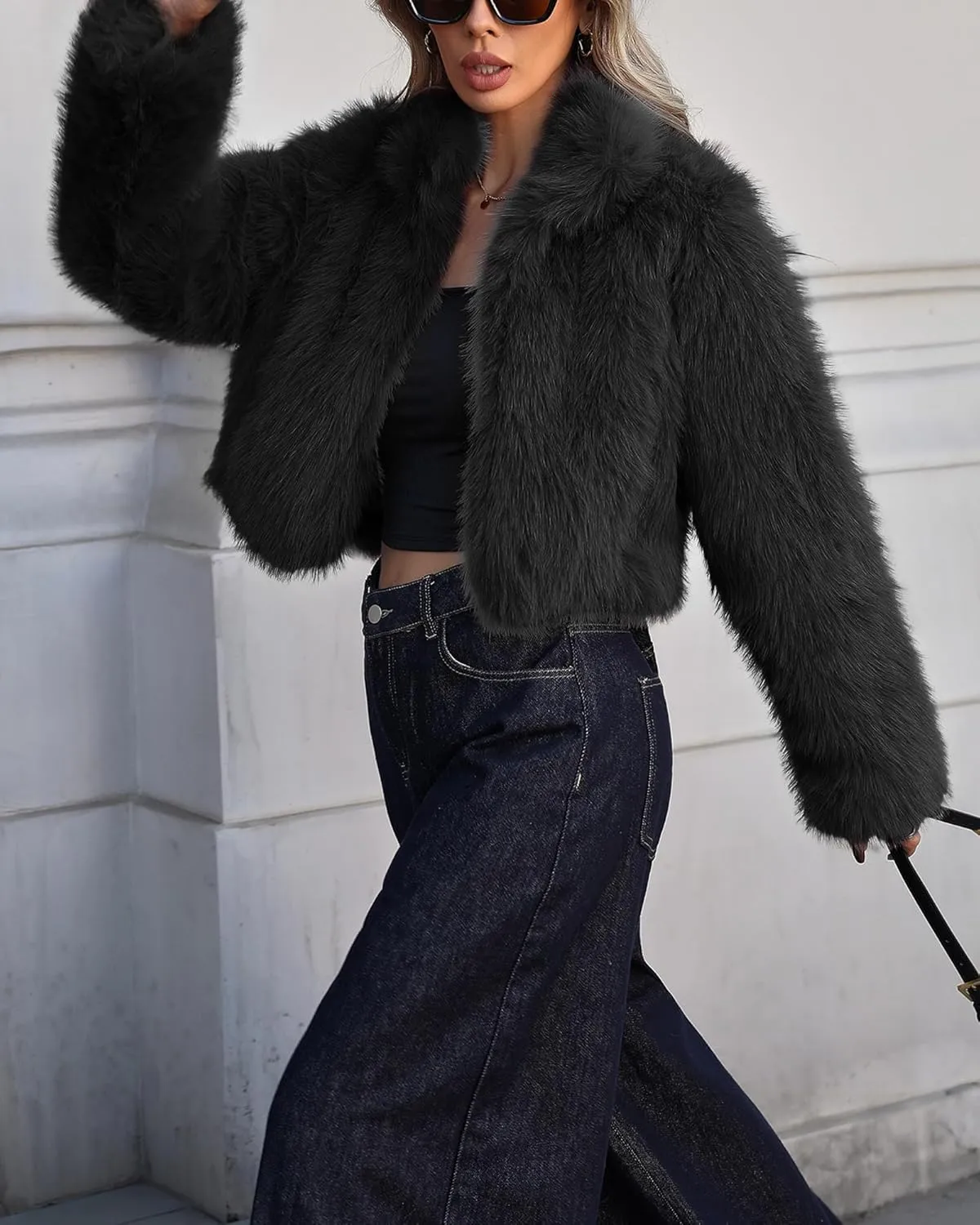 Women Faux Fur Jacket Stand Collar Open Front Long Sleeve Fluffy Outwear Coat