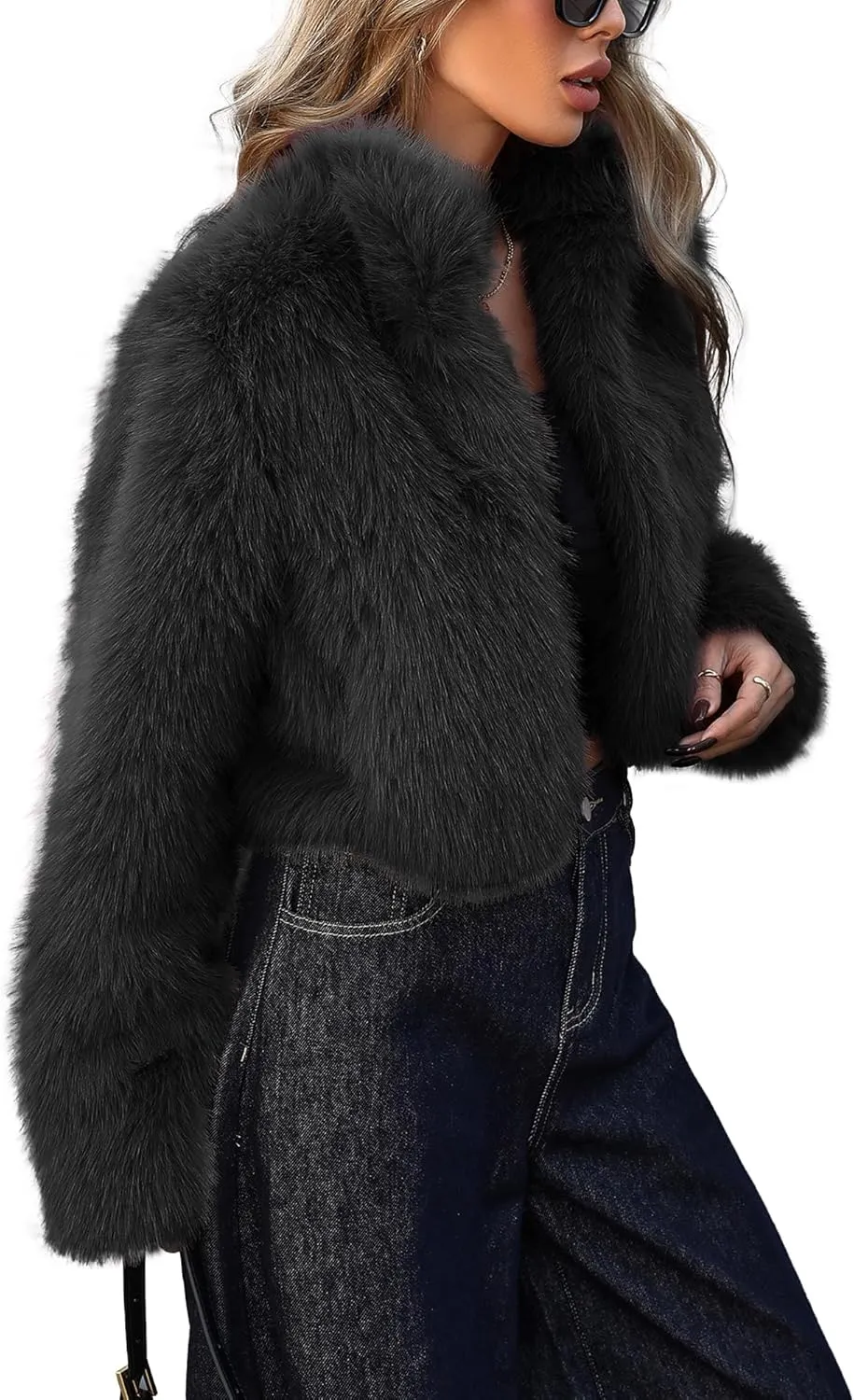 Women Faux Fur Jacket Stand Collar Open Front Long Sleeve Fluffy Outwear Coat