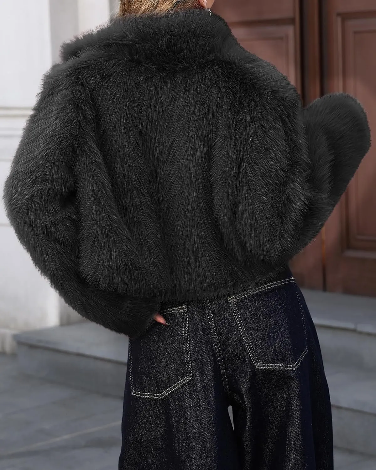 Women Faux Fur Jacket Stand Collar Open Front Long Sleeve Fluffy Outwear Coat