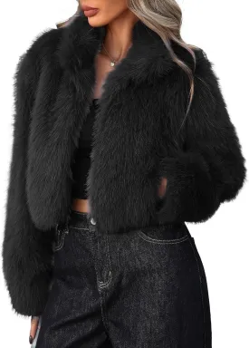 Women Faux Fur Jacket Stand Collar Open Front Long Sleeve Fluffy Outwear Coat