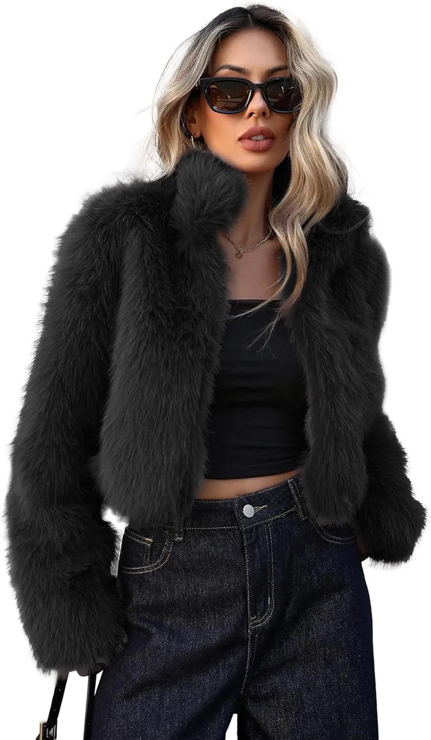 Women Faux Fur Jacket Stand Collar Open Front Long Sleeve Fluffy Outwear Coat