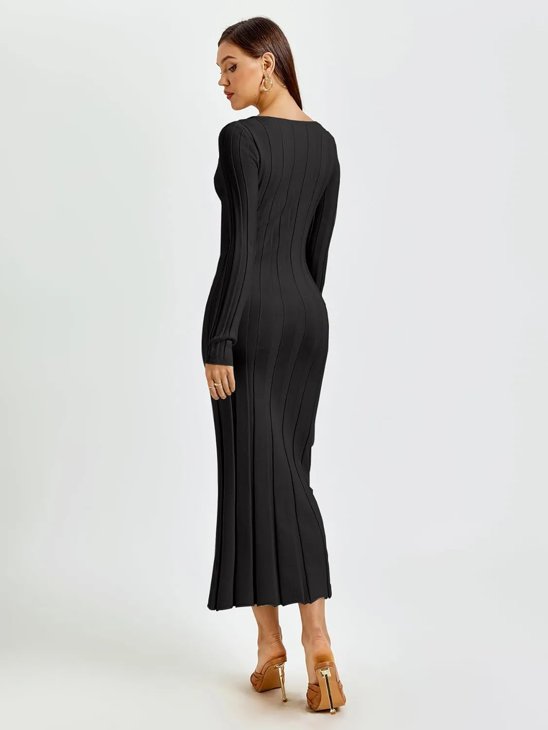 Women Long Sleeve Wrap Sweater Dress V Neck Ribbed Knit Bodycon Maxi Dresses for 2023 Fall