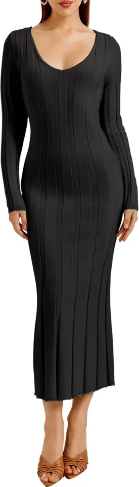 Women Long Sleeve Wrap Sweater Dress V Neck Ribbed Knit Bodycon Maxi Dresses for 2023 Fall