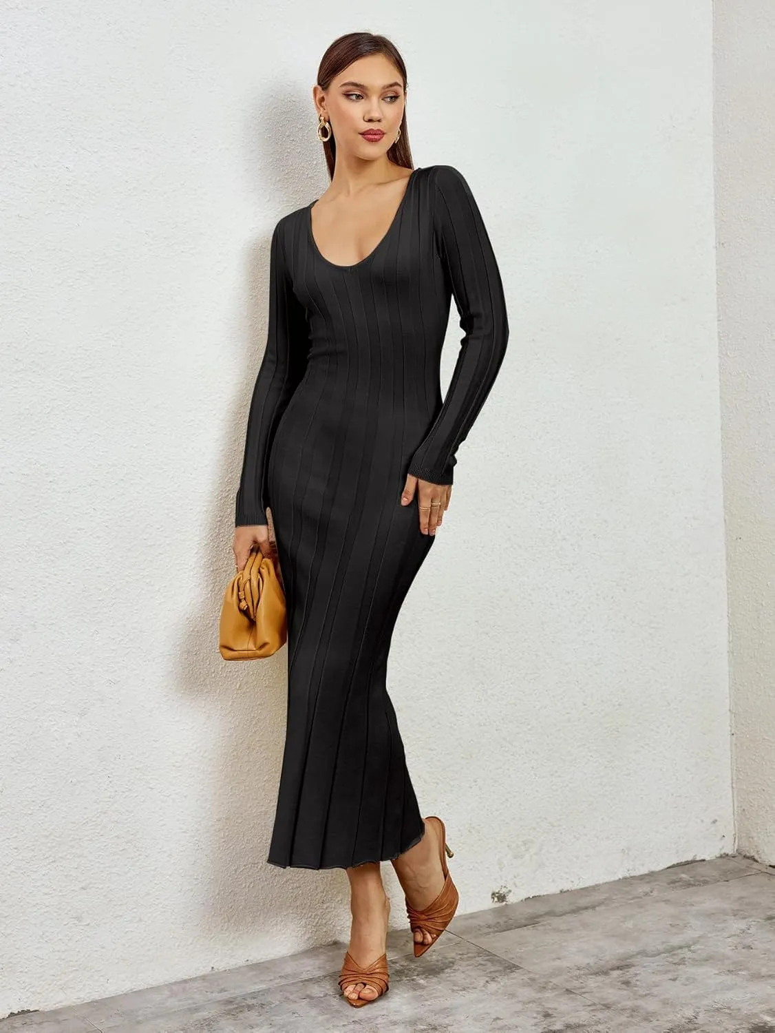 Women Long Sleeve Wrap Sweater Dress V Neck Ribbed Knit Bodycon Maxi Dresses for 2023 Fall