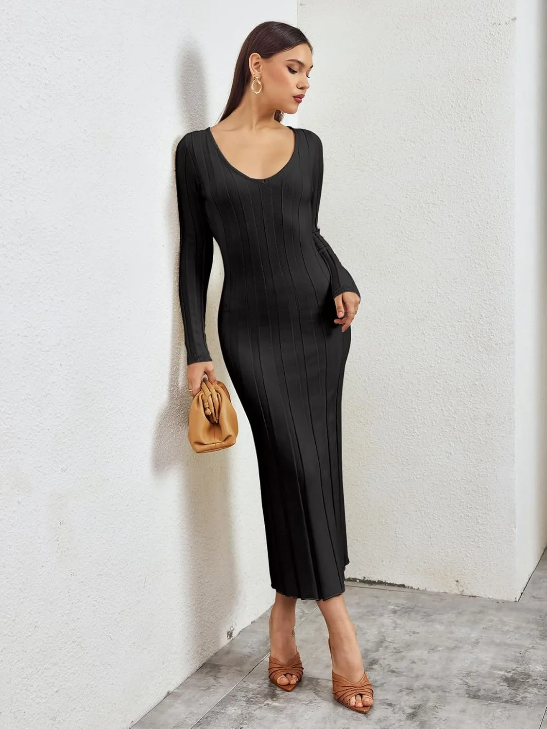 Women Long Sleeve Wrap Sweater Dress V Neck Ribbed Knit Bodycon Maxi Dresses for 2023 Fall