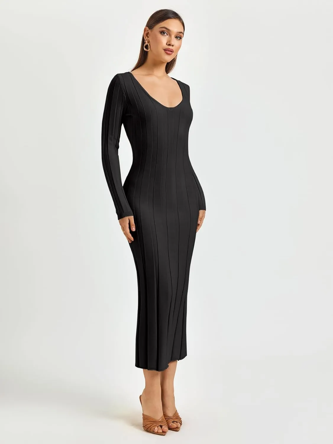Women Long Sleeve Wrap Sweater Dress V Neck Ribbed Knit Bodycon Maxi Dresses for 2023 Fall