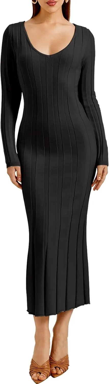 Women Long Sleeve Wrap Sweater Dress V Neck Ribbed Knit Bodycon Maxi Dresses for 2023 Fall