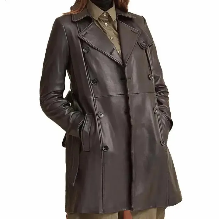 Women's Belted Double Breasted Black Leather Trench Coat Stylish & Chic