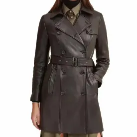 Women's Belted Double Breasted Black Leather Trench Coat Stylish & Chic