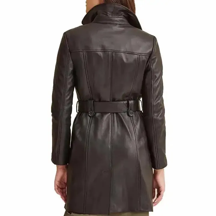 Women's Belted Double Breasted Black Leather Trench Coat Stylish & Chic
