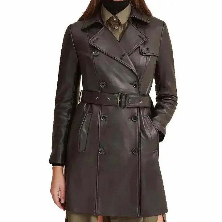 Women's Belted Double Breasted Black Leather Trench Coat Stylish & Chic
