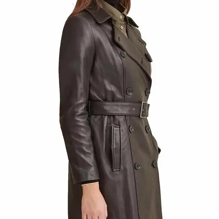 Women's Belted Double Breasted Black Leather Trench Coat Stylish & Chic