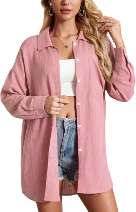 Womens Button Down Shirts Oversize Casual Boyfriend Long Sleeve Button Up Shirt Women Plus Size Blouses Tops with Pocket