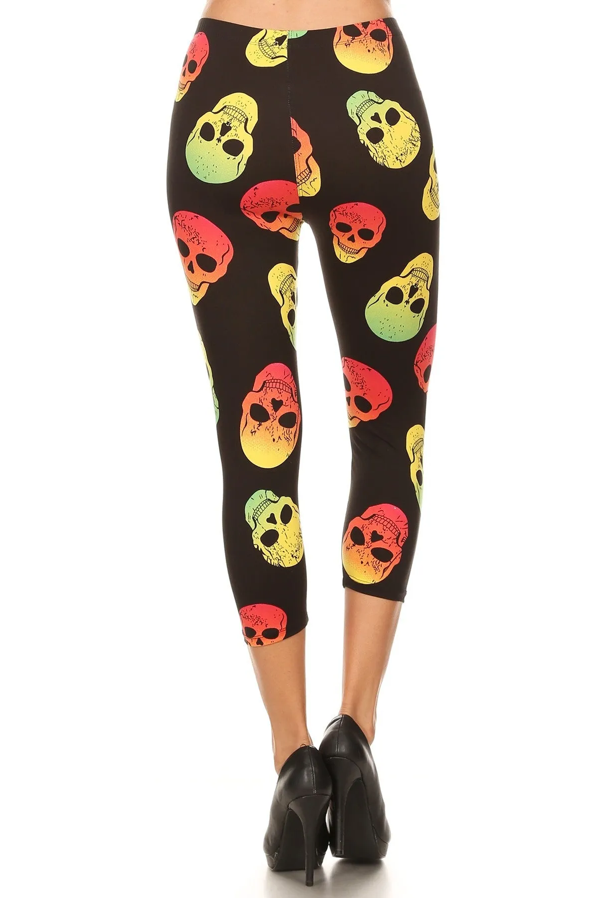 Women's Regular Neon Skulls Printed Cropped Capri Leggings
