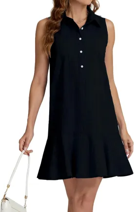 Womens Sleeveless Shirt Dress Ruffle Hem Cotton Tunic Tank Dress Button Up Swing Shift Mini Dresses