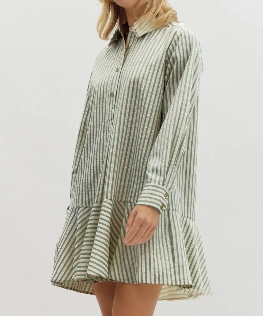 Womens Striped Shirt Mini Dress Long Sleeve Collared Ruffle Hem Button Up Tunic Flowy Swing Dresses
