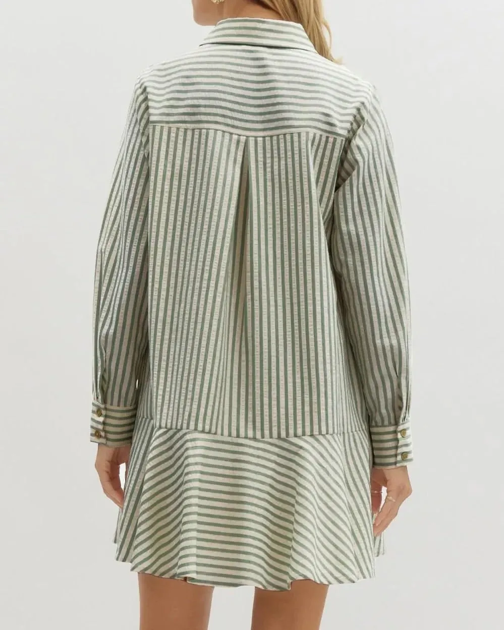 Womens Striped Shirt Mini Dress Long Sleeve Collared Ruffle Hem Button Up Tunic Flowy Swing Dresses