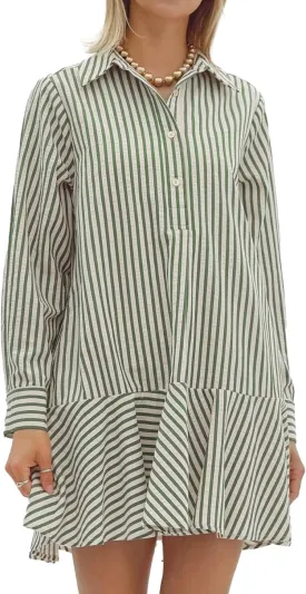 Womens Striped Shirt Mini Dress Long Sleeve Collared Ruffle Hem Button Up Tunic Flowy Swing Dresses