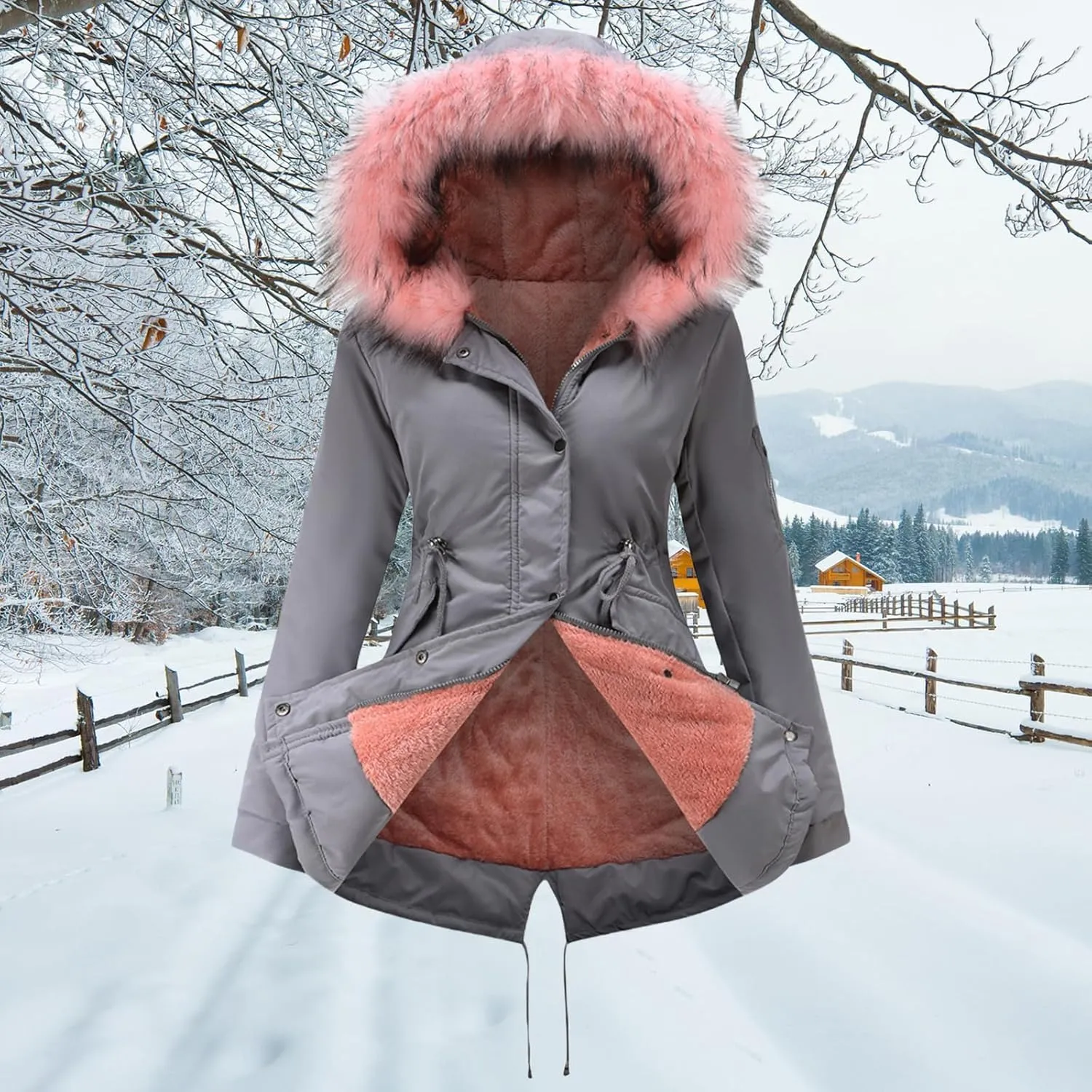 Women's Winter Sherpa Lined Faux Fur Hooded Jacket Mid Long Safari Parka Coat Thickened Windproof Outwear with Pockets