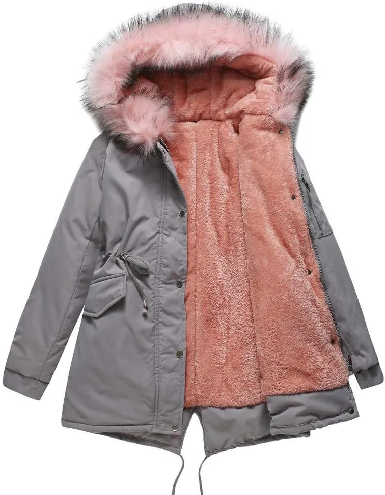 Women's Winter Sherpa Lined Faux Fur Hooded Jacket Mid Long Safari Parka Coat Thickened Windproof Outwear with Pockets