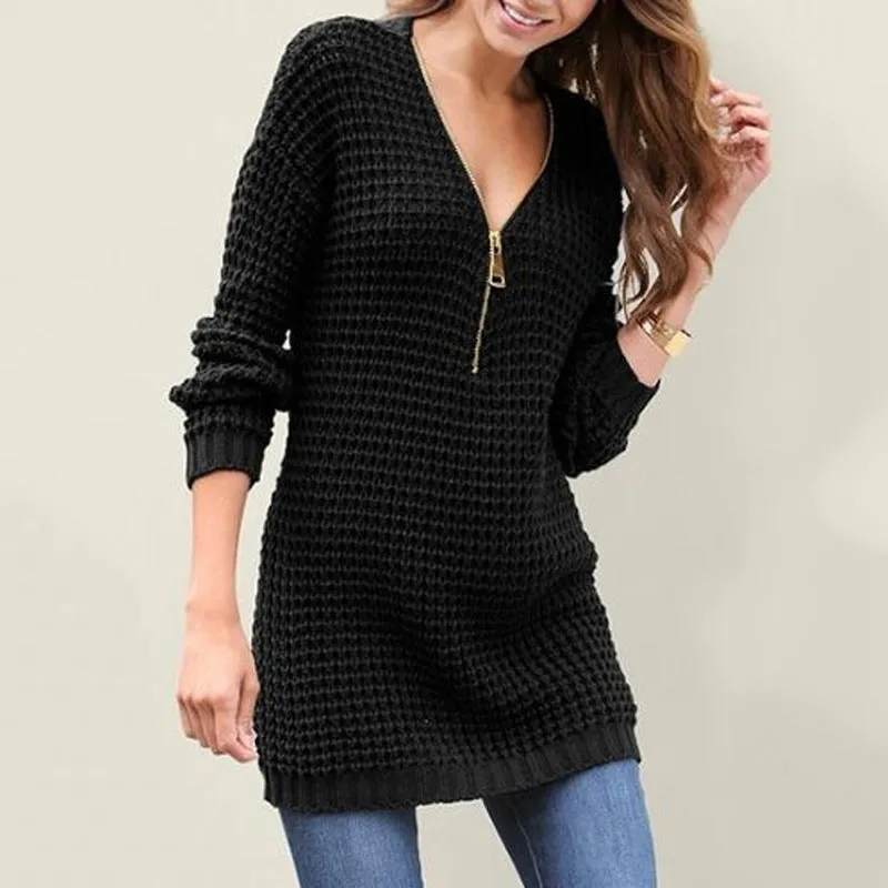 Women's Zipper V Neck Long Sleeve knitted Sweater