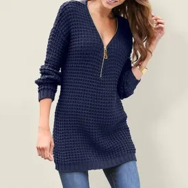 Women's Zipper V Neck Long Sleeve knitted Sweater