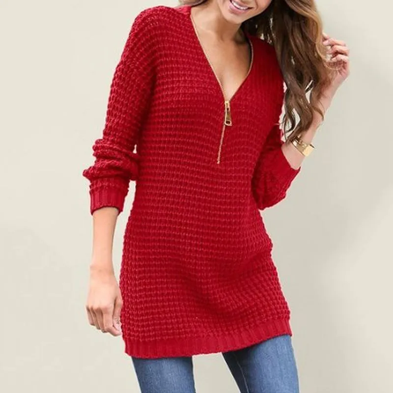 Women's Zipper V Neck Long Sleeve knitted Sweater