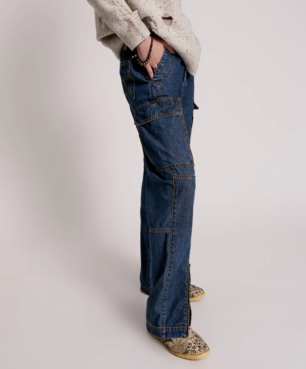 Zipped Cargo Motion Denim Jeans - Used Blue