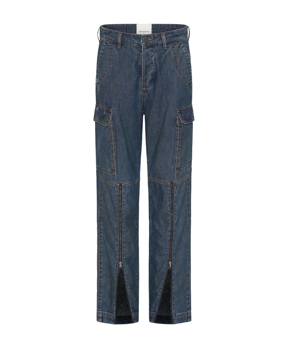 Zipped Cargo Motion Denim Jeans - Used Blue