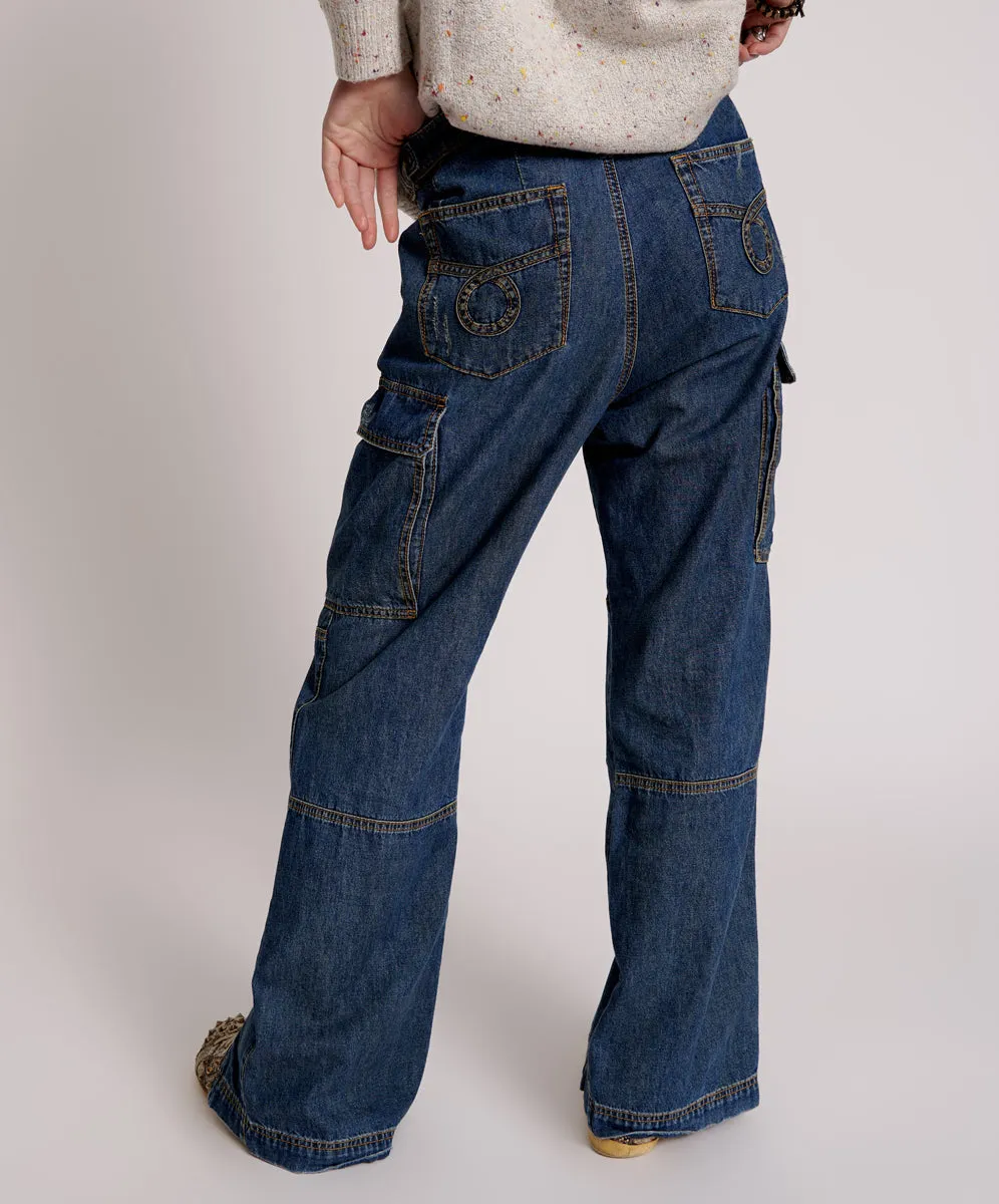 Zipped Cargo Motion Denim Jeans - Used Blue